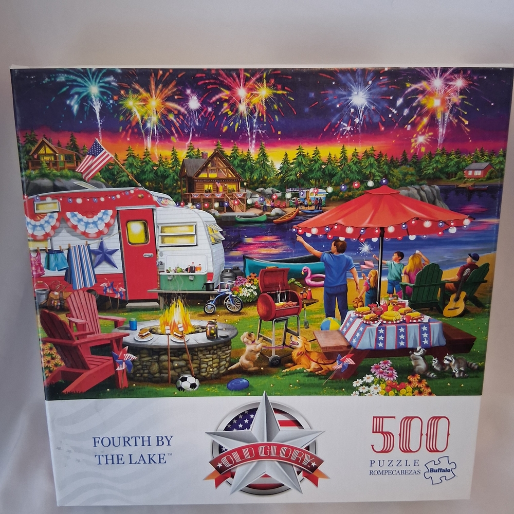 Old Glory "Fourth by the Lake" 500 Piece Puzzle Complete w/Poster Summer Fun